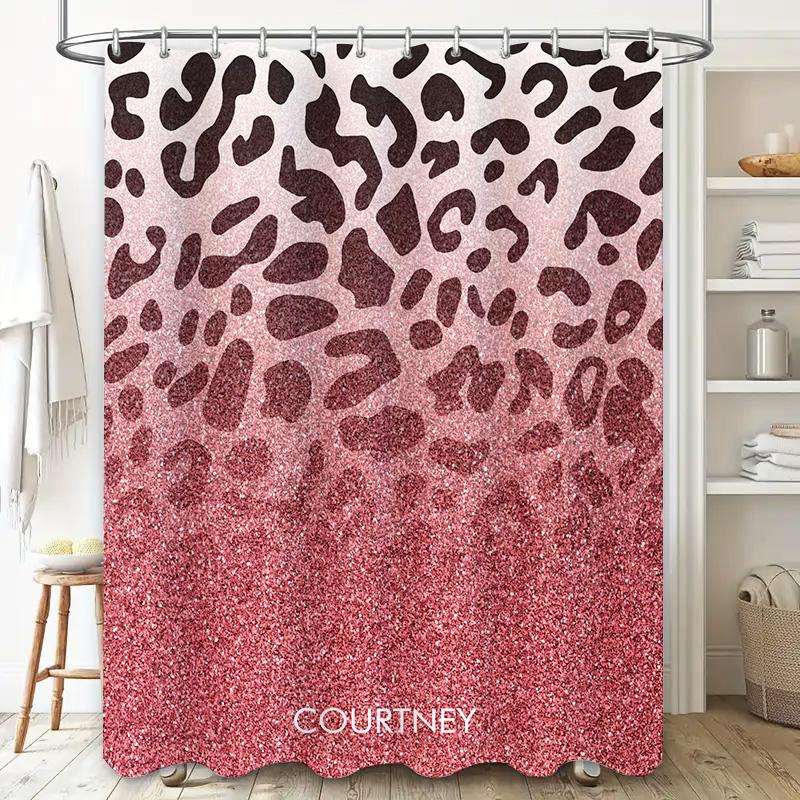 Pink leopard print glittery shower curtain with custom name personalized waterproof fabric bathroom decor S size (60x72 inches)