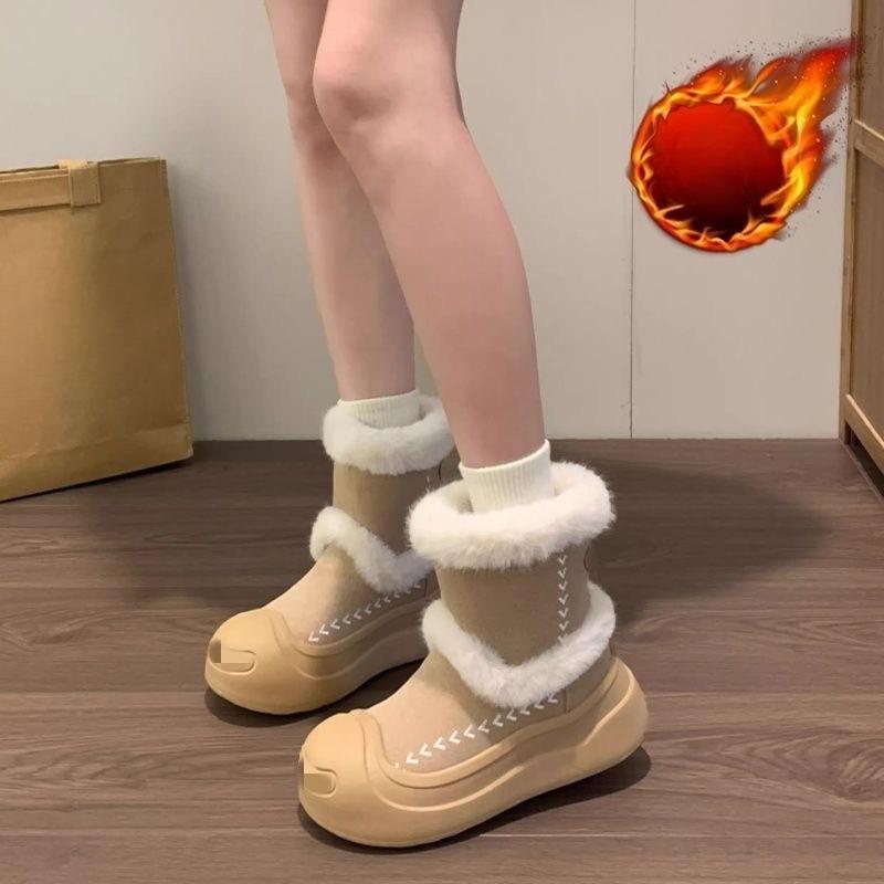New Women's Versatile, Fleece, Warm, Thick-soled Cotton Shoes with Big Heads and Snow Boots