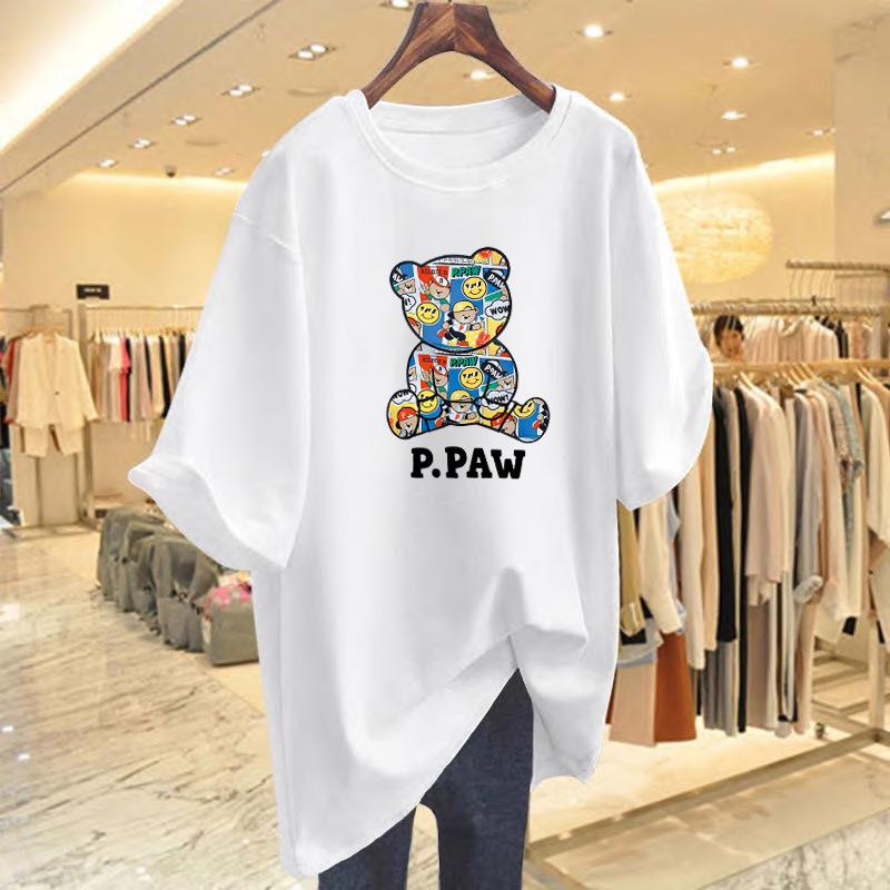 

Bear printed cotton T-shirt short-sleeved women s summer new loose top bottoming shirt S