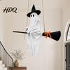 Glowing Ghost Hanging Ornament Halloween Decoration with Witch Hat and Broom Spooky Flying Cute Broom for Haunted House Porch Tree Yard Indoor