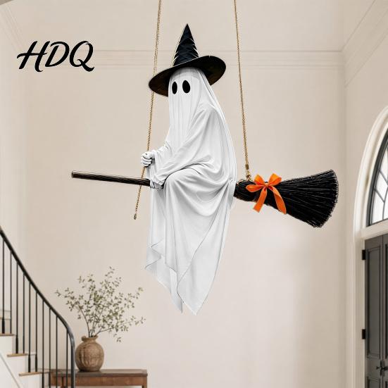 Glowing Ghost Hanging Ornament Halloween Decoration with Witch Hat and Broom Spooky Flying Cute Broom for Haunted House Porch Tree Yard Indoor
