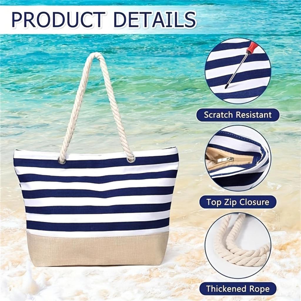 Casual Striped Canvas Bag For Women Large Capacity Shoulder Bag Shopping Totes Student Bookbag for School Travel Beach