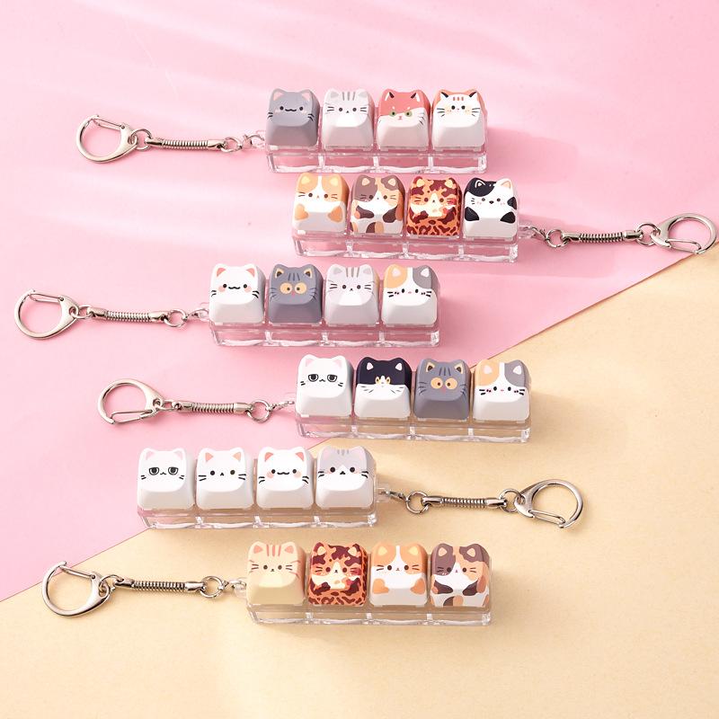 1Pcs Cute Cat Keyboard Fidget 4 Keys Creative Design Keycap Keyring Finger Button Kawaii Mechanical Keyboard Keychain