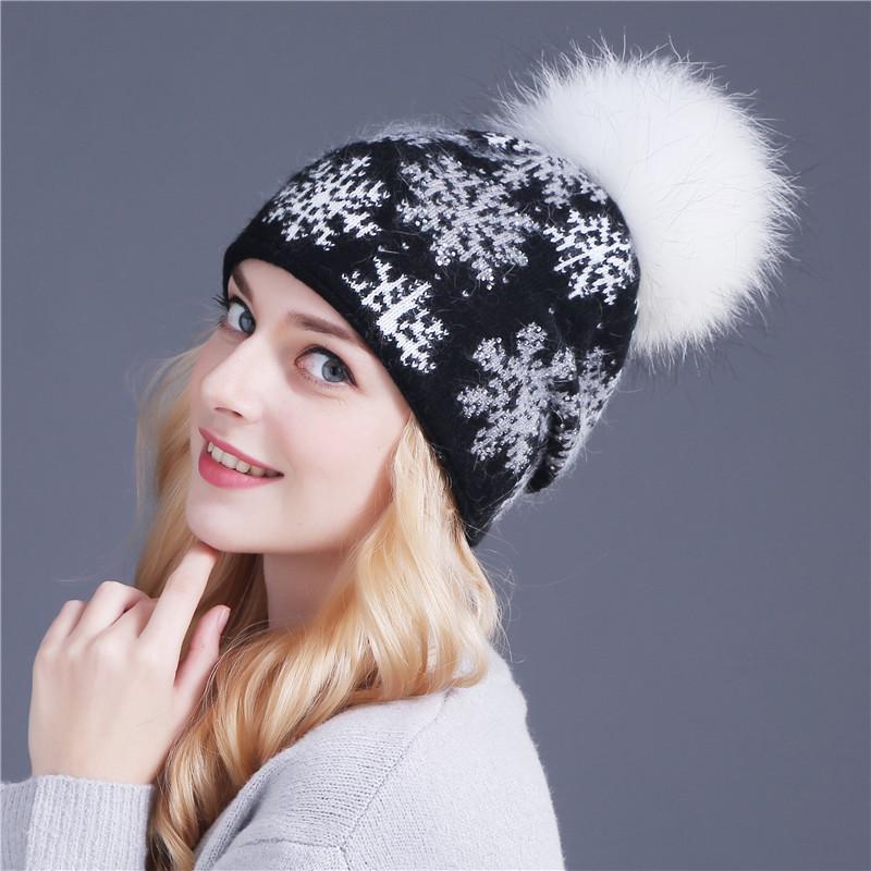 Women's Wool & Rabbit Hair Blend Snowflake Pullover Hat with 15CM Genuine Raccoon Fur Pom Pom