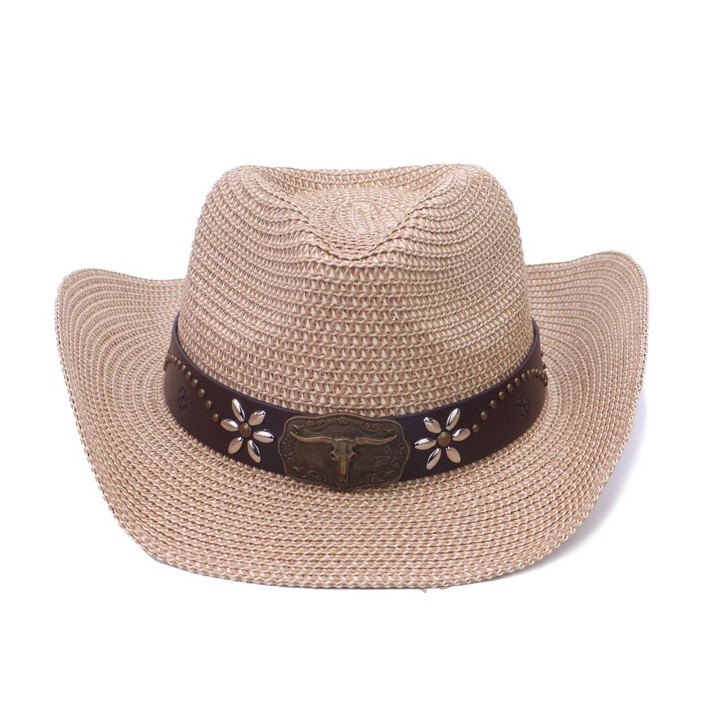 Retro straw woven western cowboy hat hot-selling bull head decorative big eaves sunscreen top hat summer sunshade straw hat