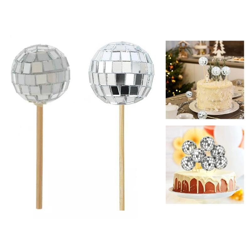 24 Pieces Reflective Sphere Cake Toppers for Party Decoration Decorative Cupcake Inserts Accessories Cake Ornament