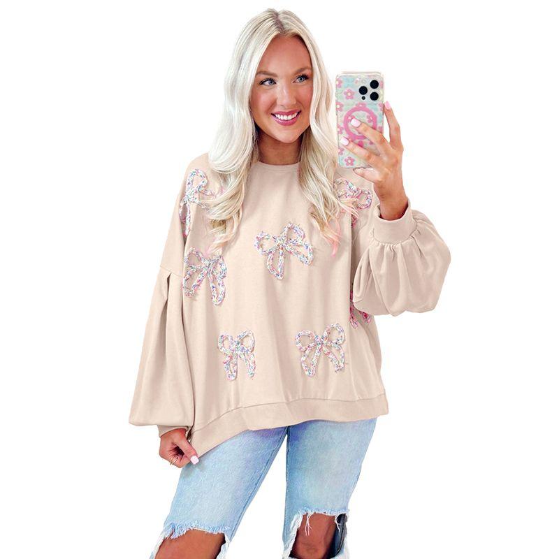 

2025 Winter New Arrival Cute Younger Bows Sweatshirt Women European and American Leisure Loose Slim Fit Pullover Tops Women Khaki M code fits (55.00 kg-62.50 kg