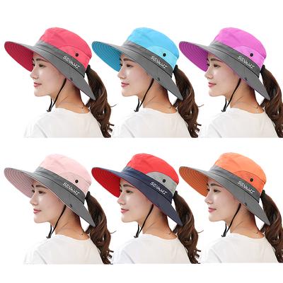 Solid Women Summer Sun Hat Straw Headless Roll Up Foldable Ponytail Wide Brim Visor UV Protection Beach Hats