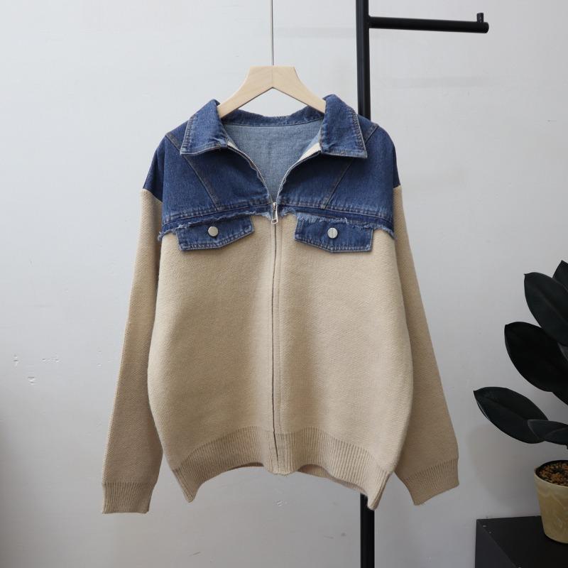 Zipper Splicing Denim Knitted Cardigan Autumn and Winter New Loose Casual Design Sweater Jacket Women