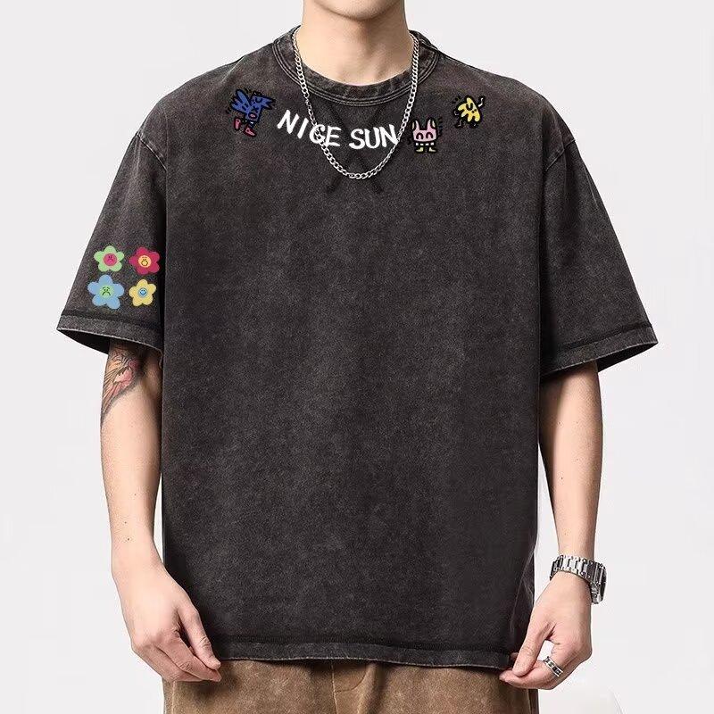 

American Hipster Cartoon Print Casual Short-Sleeved T-Shirt Boys Summer Niche Loose Top Ins 5XL сірий колір