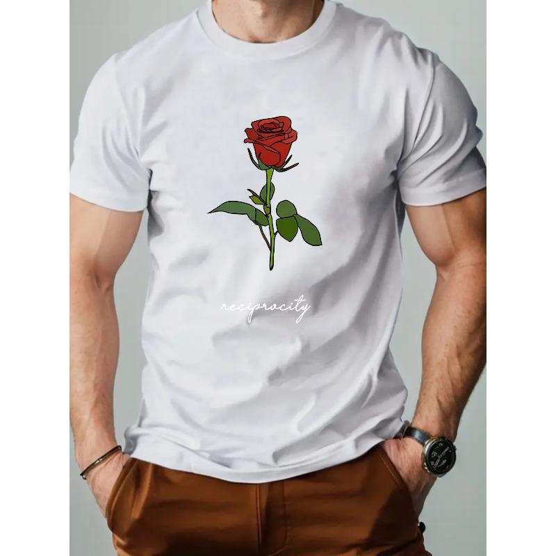 

European sizes Summer Fashion Floral Rose Print T-Shirt for Men, Casual Crew Neck Short Sleeve Knit Fabric Top with Slight Stretch 4XL