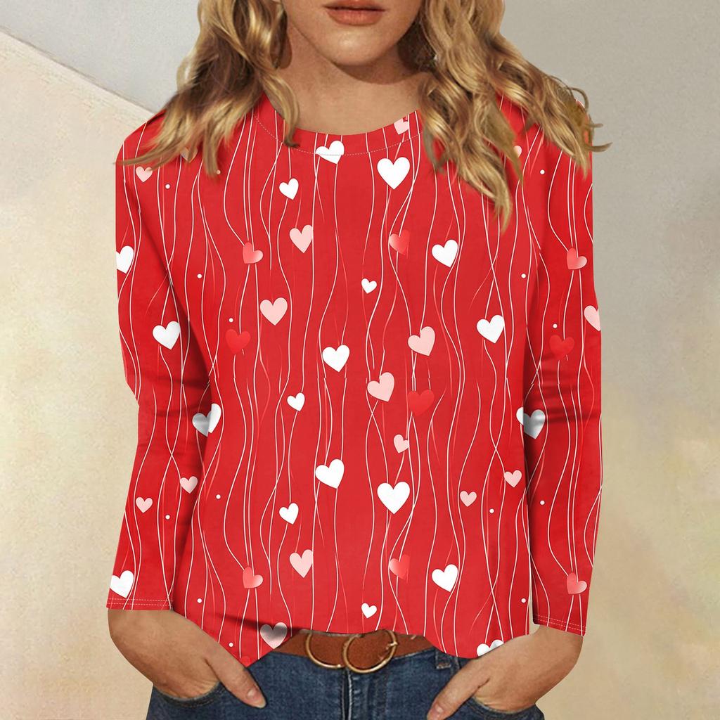 Long Sleeve Shirts For Women Cute Print Graphic Tees Blouses Casual Plus Size Basic Tops Pullover Valentine's Day
