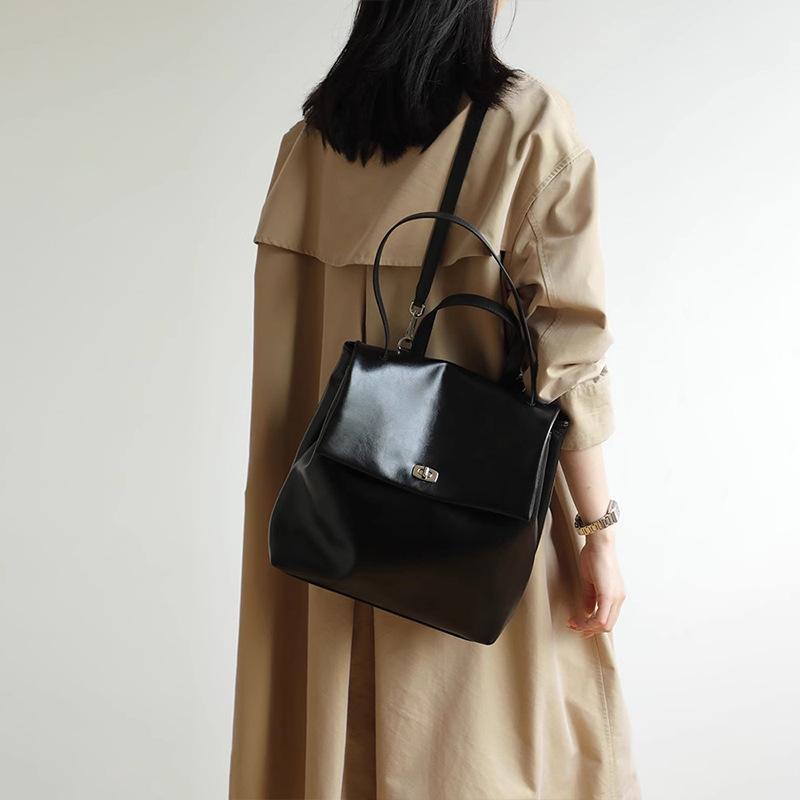 Backpack Women's Leather Bag Black Cowhide Large Capacity Commuting Backpack Versatile Light Luxury Commuting Backpack