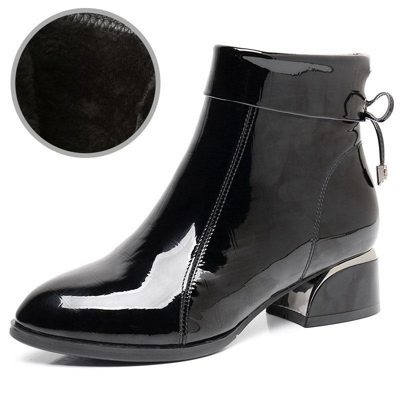 GKTINOO New Ankle Boots Women Pointed Toe Thick Heels Genuine Patent Leather Shoes Short Boots Soft Sole Footwear Plus Size 43
