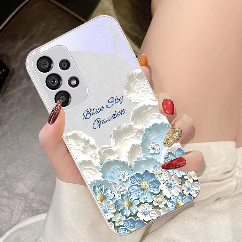 Oil Painting Flower Blue For Samsung Galaxy S10 4G S20 11E 30 S21 21Fe 22 S24 Pro S23 Ultra 5G S8 S9 Tempered Glass Phone Case