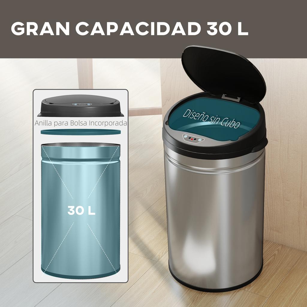 Trash Can, 30L, Infrared Sensor, Stainless Steel, Silver