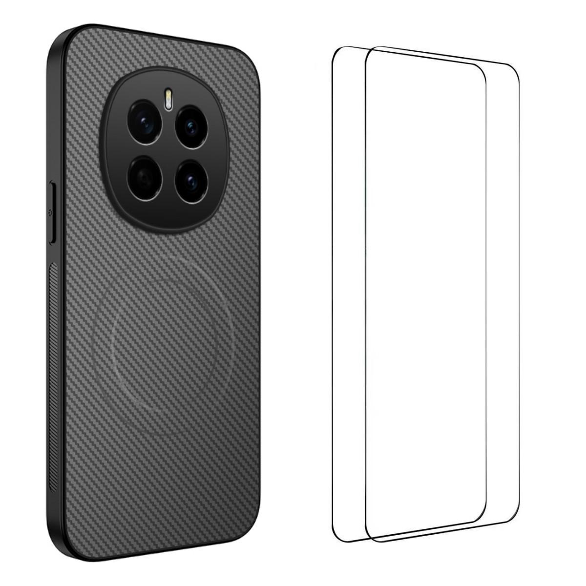 

For Honor Magic7 5G Magnetic Case WANLONFENG TQ1 Series Carbon Fiber Texture PC TPU Phone Cover with 2Pcs Screen Films Grey