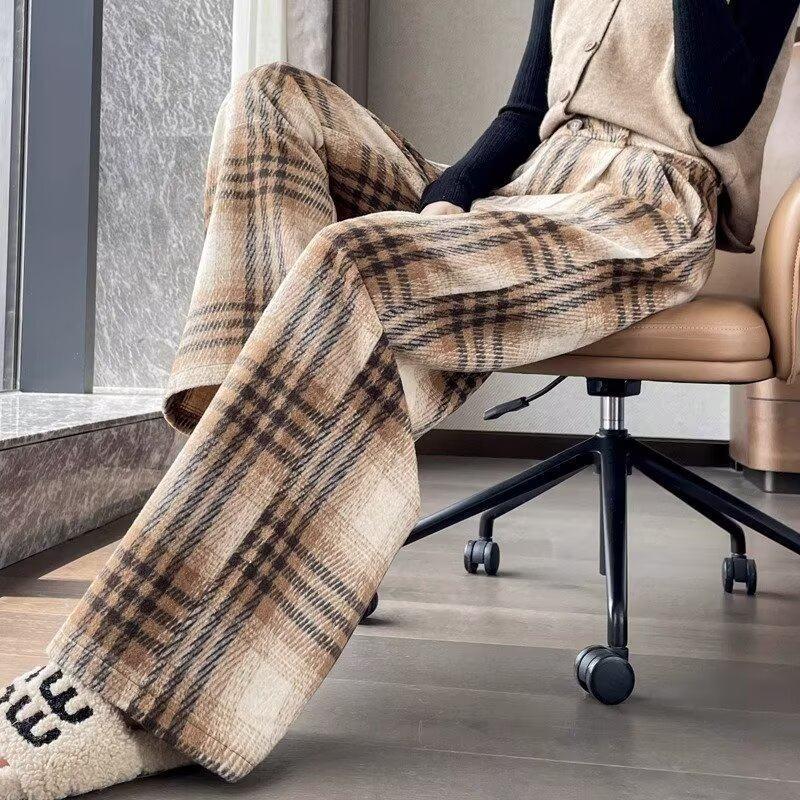 

Women s Retro Design Plaid Woolen Pants, Plus Velvet, Thick, Wide-Leg, Loose Fit, Winter Casual Straight-Leg. S кофейный
