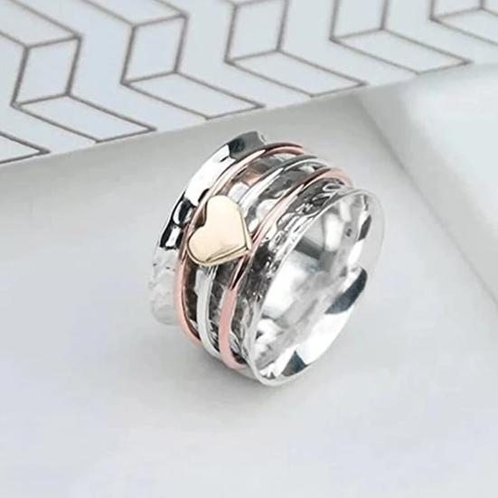 Women Ring Rotatable Bi-color Fun Elegant Retro Stress Relief Casual Love Heart Charm Finger Ring Fashion Jewelry