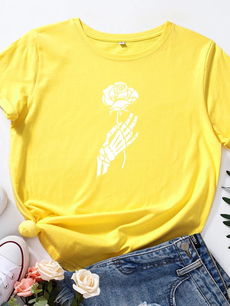 Dámské tričko s potiskem lebky, ruky a růže, s krátkým rukávem, s kulatým výstřihem, volné, letní, dámské, ležérní, topy, camisetas mujer