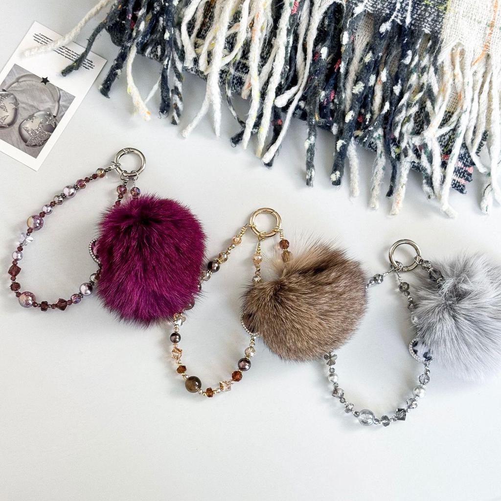 Vysoce kvalitní podzimní/zimní řetízek na telefon z plyše lišky: Roztomilý přívěsek na tašku s krystaly a perlami