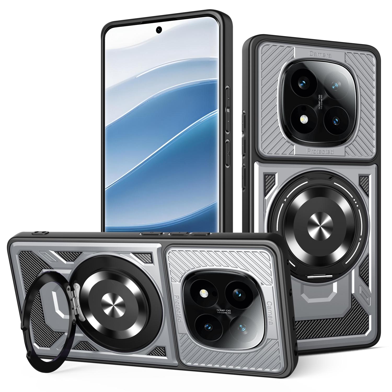 

For Xiaomi Redmi Note 14 Pro 4G Magnetic Case Rotating Kickstand TPU+PC Phone Cover Grey