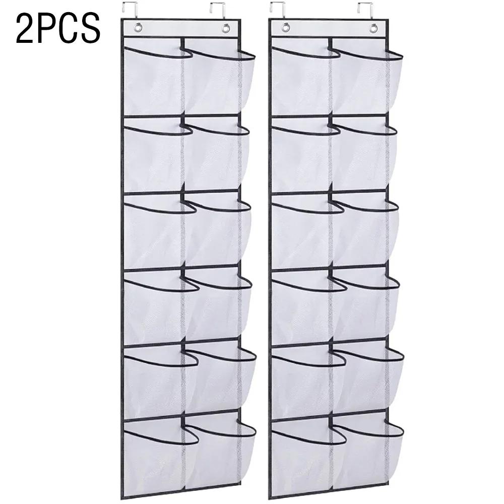 12 Pockets Over the Door Shoe Organizer Large Mesh Pockets With 2 Hooks Transparent Fabric Shoe Rack Storage Bag For Bedroom