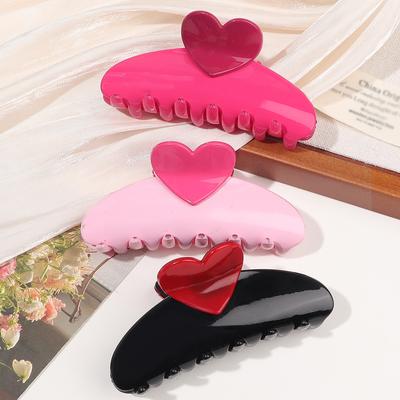 3 Pcs Valentine Heart Hair Styling Accessories,Large Pink Hair Claw Clips,French Barrette Strong Hold Jaw Clips for Thick Hair