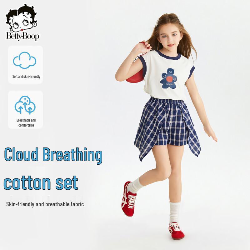 

Betty Girls Plaid Short-Sleeve Skirt-Pants Set 120 cm