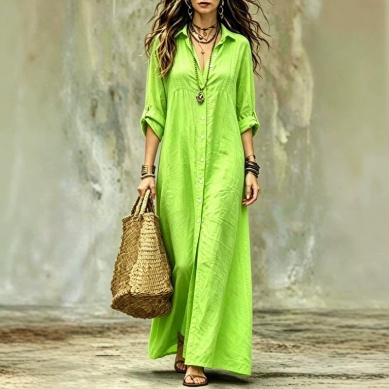 BITCED Fashion Spring Autumn Solid Color Print Long Sleeve V-Neck Casual Dresses