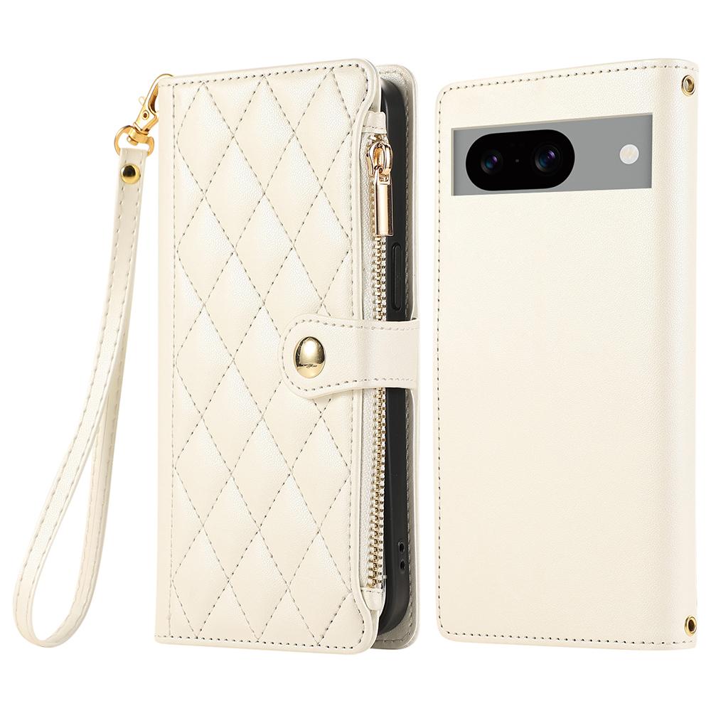 For Google Pixel 8a Case Multi Card Slots Zipper Rhombus Leather Phone Cover with Wrist Strap