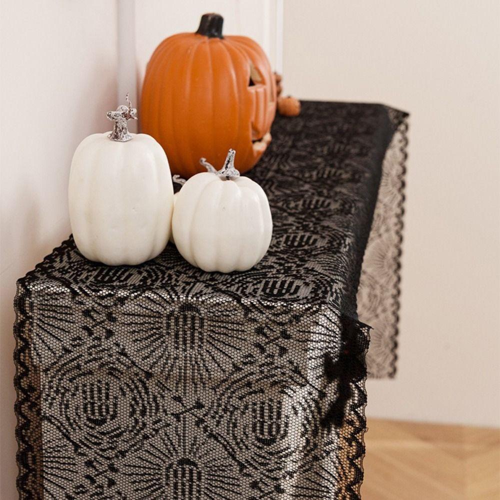 Black Color Halloween Table Runner Lace Material Gothic Style Spider Web Table Runner Long Length Hollow Out Table Runner