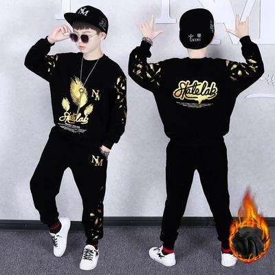 Winter Jungen und Kinder Herbst- und Winterkleidung Plus Samt Verdickter Anzug Rundhals Pullover Zweiteiliger Anzug