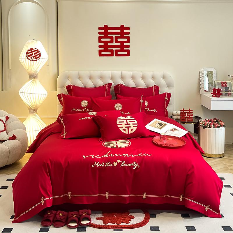 Skin Friendly Cotton Brushed Wedding Embroidery 4-piece Set, Big Red Wedding Bed 4-piece Set, Modern Style Wedding 4-piece Set