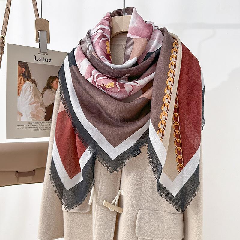 130 beard removal large square scarf new high-end retro simple flower printing silk scarf thin outer shawl