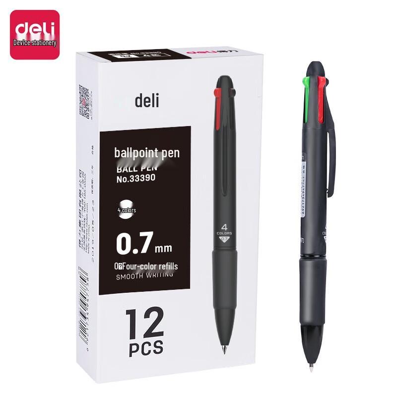 Deli 4-Color Retractable Ballpoint Pen, 0.7mm (12-Pack)