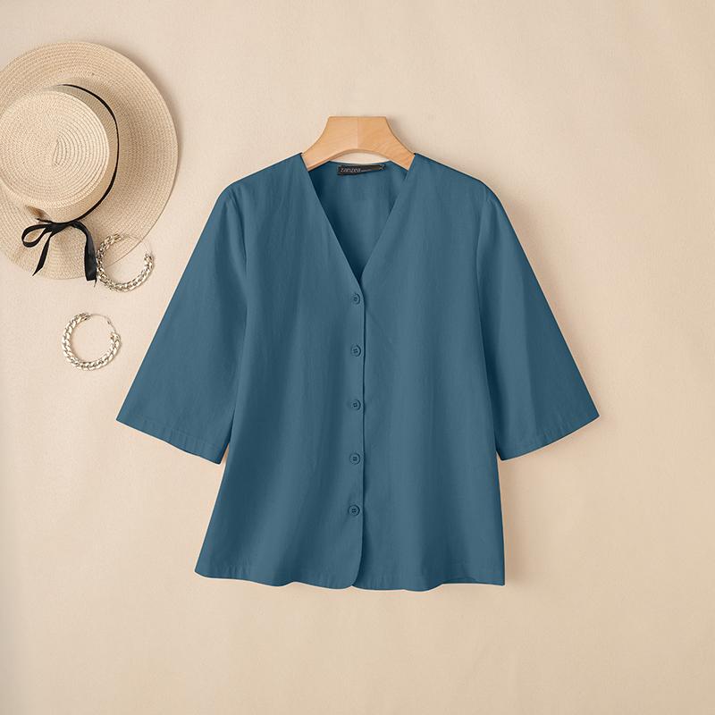ZANZEA Women Casual V-Neck Solid Color Loose Half Sleeve Blouse