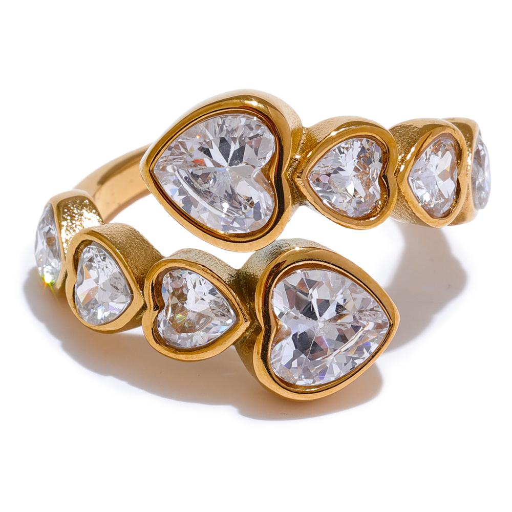 

Yhpup Delicate Cubic Zirconia Heart Stainless Steel Gold Color Adjustable Fashion Open Ring High Quality Chic Charm Jewelry resizable