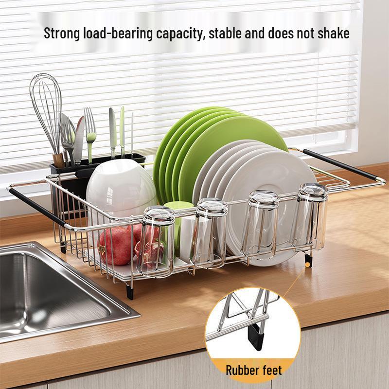 Ausziehbarer Spülbecken-Geschirrkorb mit Tassen- & Besteckhalter für Küchenarbeitsplatten