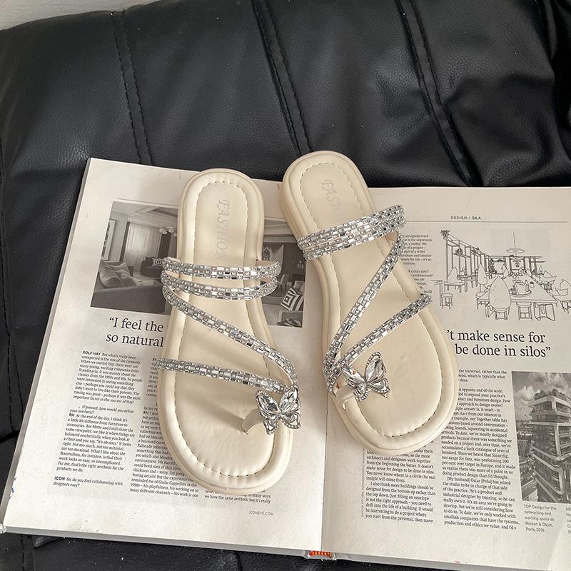 Versatile Temperament Slippers Women's Summer 2025 New Fashion High-end Butterfly Sandals Rhinestone Open-toe Drag