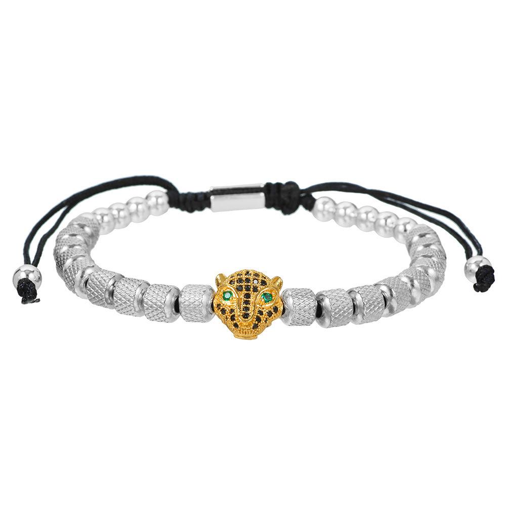Men's Punk Braided Titanium Steel Bracelet with Leopard Head, Zircon, and Pineapple Beads.