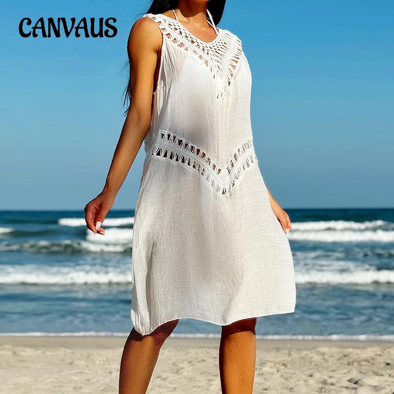 Summer Women's Beach Dress Hand Crochet Flower Double Patchwork V-Neck Halter Hollow Out See Through Bikini Short Cover-up