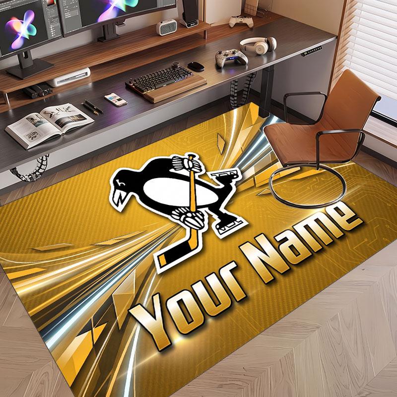 Custom Rug Pittsburgh Penguins Pattern Print Name Text Soft Non‑Slip Floor Carpet for Home Indoor Decoration