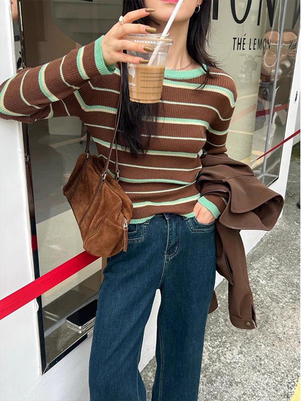 2025 Autumn/Winter Retro Striped Color Block Slimming Korean Knitted Sweater