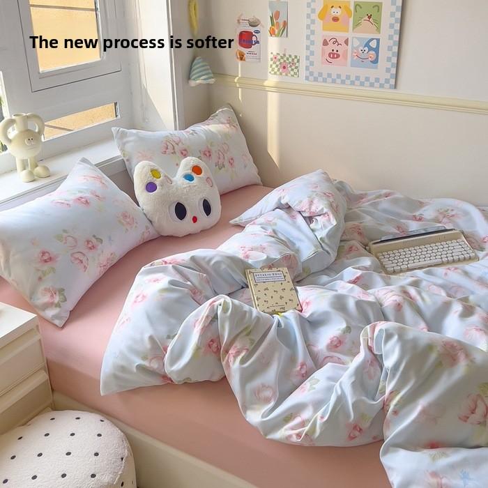 A-class cotton wash set, four-piece set with double-layered gauze bedsheet, duvet cover, and bed skirt, suitable for all seasons