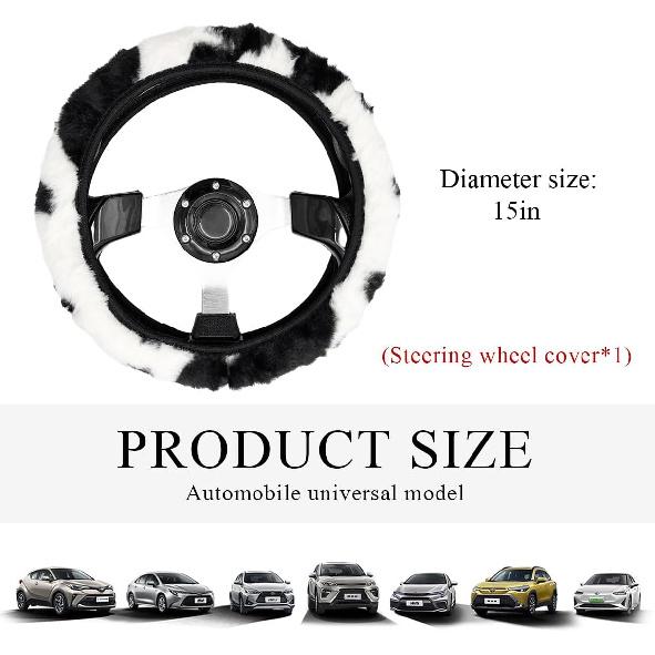 Cow Print Car Accessories Set, Soft Fluffy Plush Cute Cow Steering Wheel Cover & Handbrake Cover, Warm Furry Cow Print Armrest Mat & Shift Gear