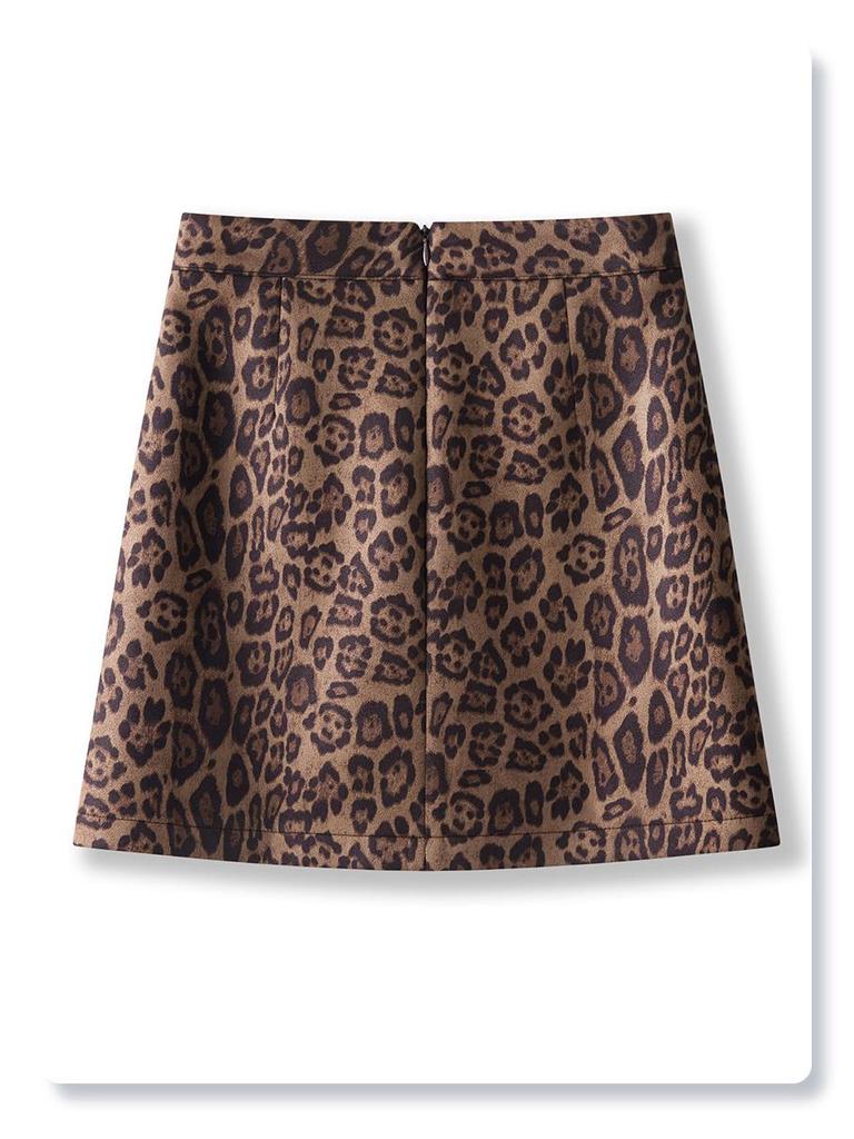 2024 Women's Khaki Suede Leopard Print Woolen Midi Skirt - New Autumn/Winter A-line Bodycon Design