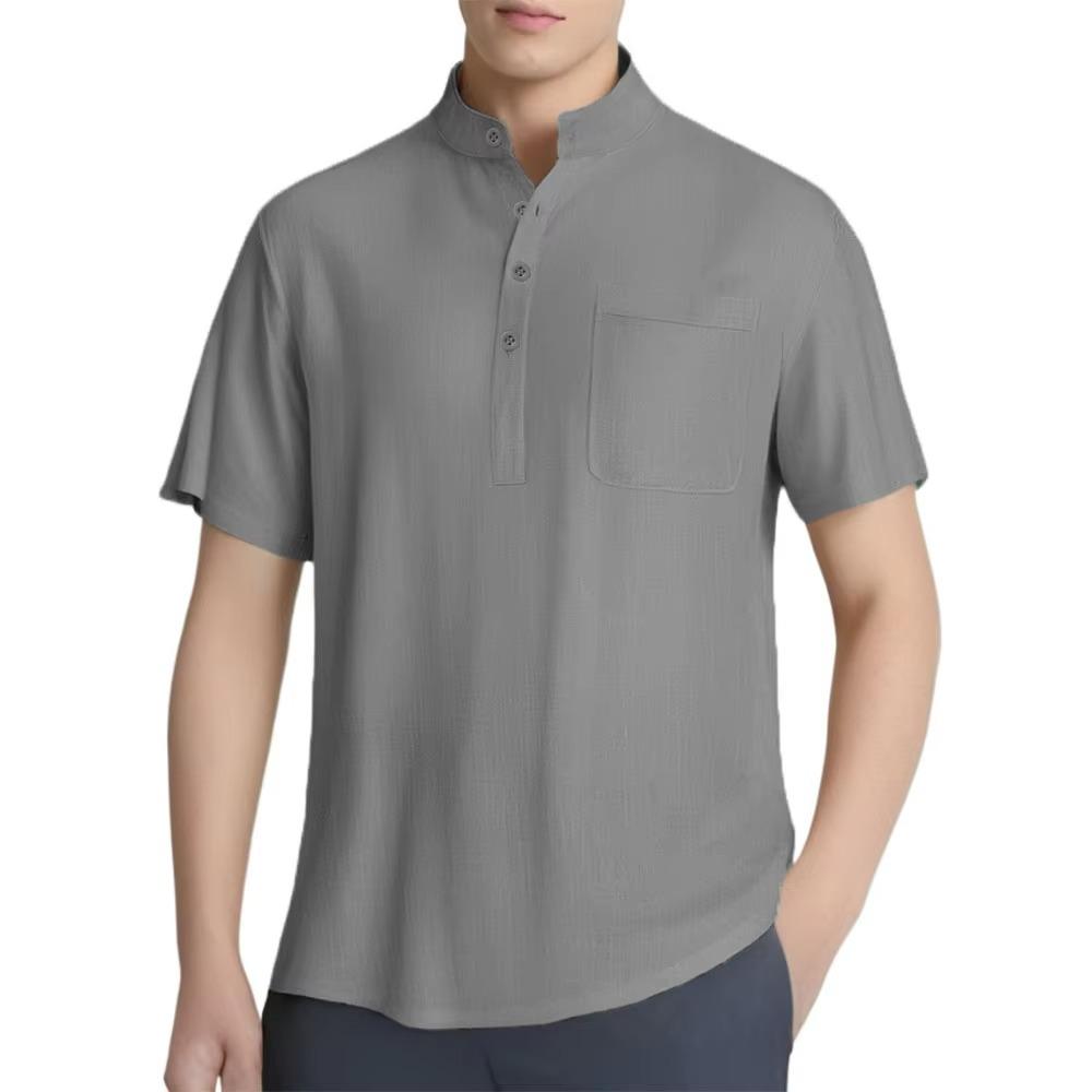 Men's Cotton Linen Shirts Casual Short-sleeved T-shirts Hawaiian Henrey Shirt Solid Color Male Tees