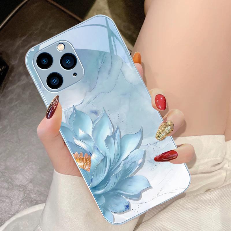 Side Lotus White For IPhone 16 Pro Max 15 Pro 14 13 12 Mini 11 XS Max XR 7 8 Plu SE 2022 Tempered Glass Phone Case