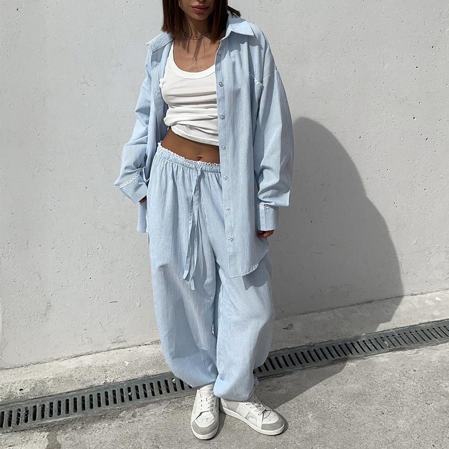 

Striped Shirt Pants Set Spring New Women Vertical Stripe Shirt Tie Waist Pants Two Piece Outfit L синій